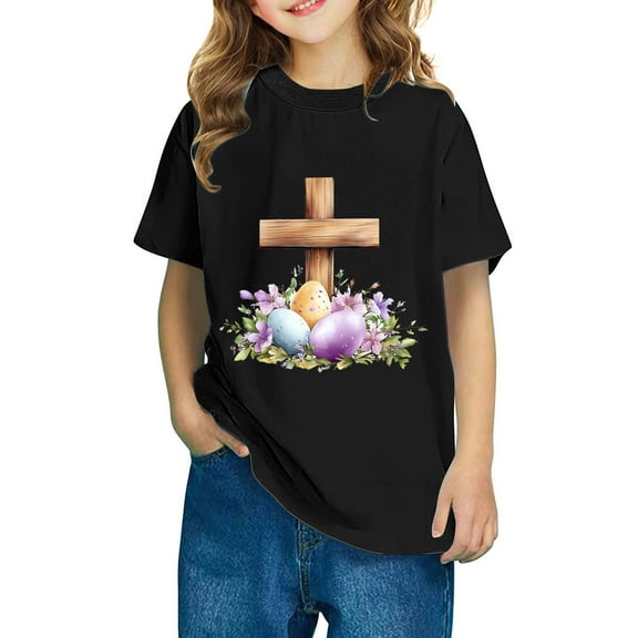 Virmaxy Toddler Easter Sunday Top Happy Easter Letter Cross Design Cotton Tee for Preschool Activities, Holiday Brunch Black-1 3 Years