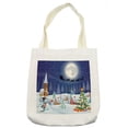 thumbnail image 1 of Christmas Tote Bag, Winter Season Snowman Xmas Tree Santa Sleigh Moon Present Boxes Snow and Stars, Cloth Linen Reusable Bag for Shopping Books Beach and More, 16.5" X 14", Cream, by Ambesonne, 1 of 2