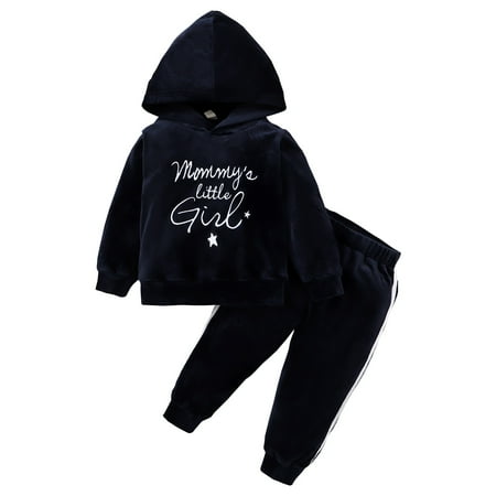 

Kucnuzki 12 Months Baby Girl Fall-Winter Outfits Pants Sets 18 Months Long Sleeve Mommy s little Girl Letter Hooded Sweatshirt Tops Elastic Pants 2PCS Set Black