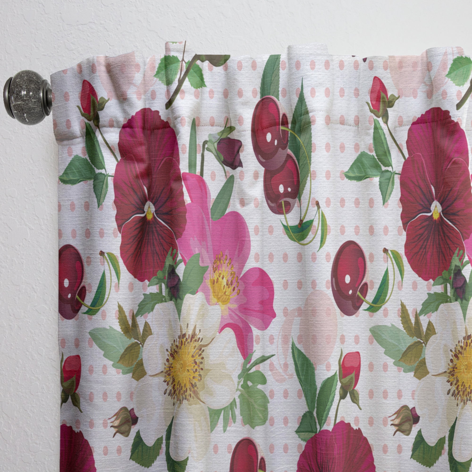 Designart 'Roses Pansies and Cherries On Pink Dotted' Abstract Curtain Panel