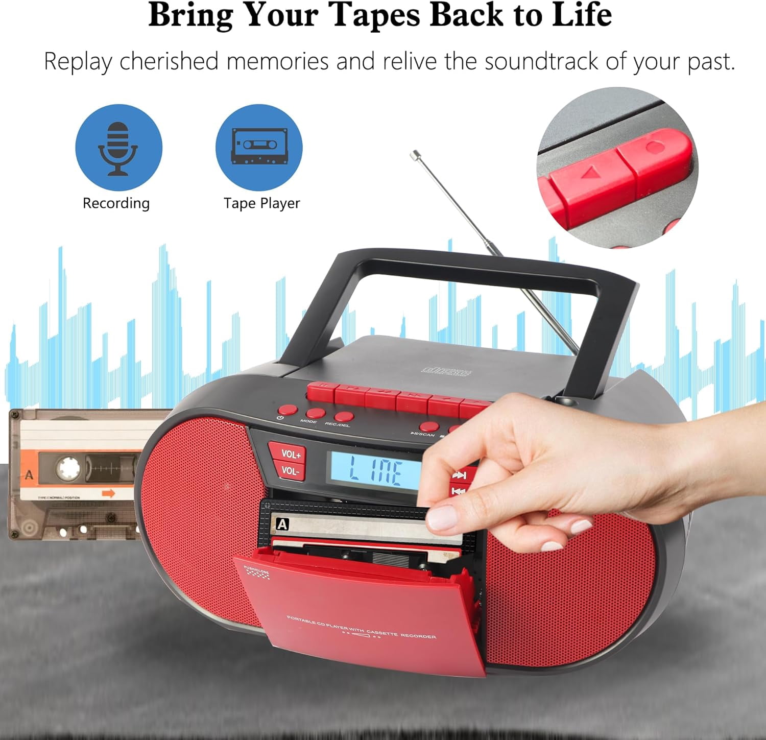 Boombox CD Player Portable, Cassette Player Combo with CD MP3 Bluetooth AUX TF USB FM Radio AC/DC Powered, Boom Box with Remote Control, Headphone Jack, Stereo Sound for Home,Kids,Gift