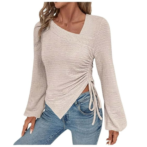 TSADFHJI Bathing Suit Tops for Women Plus Ladies' Elegant Irregular Drawstring Long Sleeved Women's Clothing Design Sense Versatile Top T Shirt M Beige