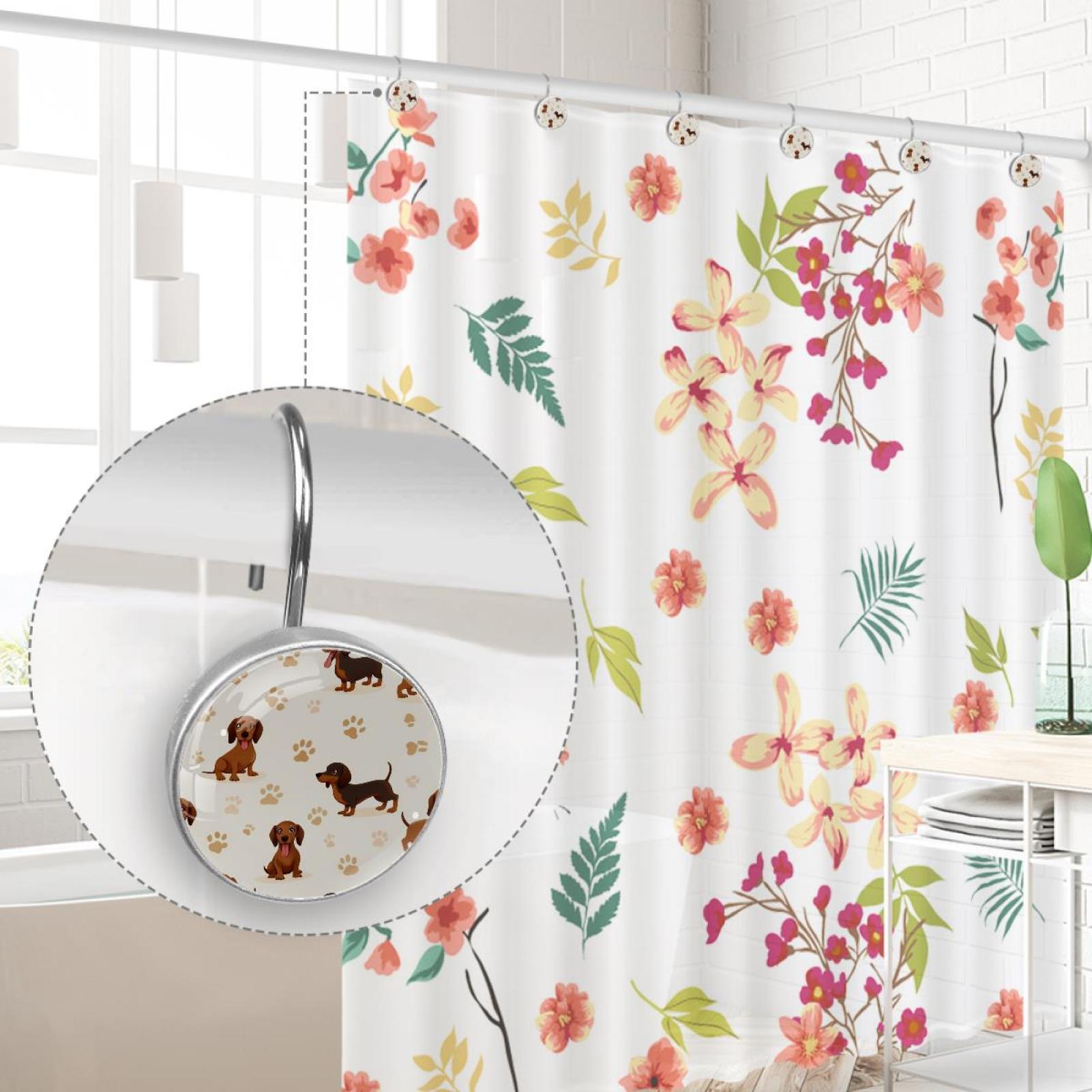 Cute Dachshunds Paw Footprints Shower Curtain Hooks Round Crystal Glass, Set of 12 Shower Curtain Rings - Shower Hooks for Curtain Shower Rings