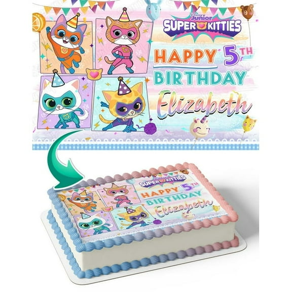 SugarMeLicious Super Kitties Cake Image Topper, Personalized 1/4 Sheet Birthday Cake Banner for Parties, Edible Cake Decoration