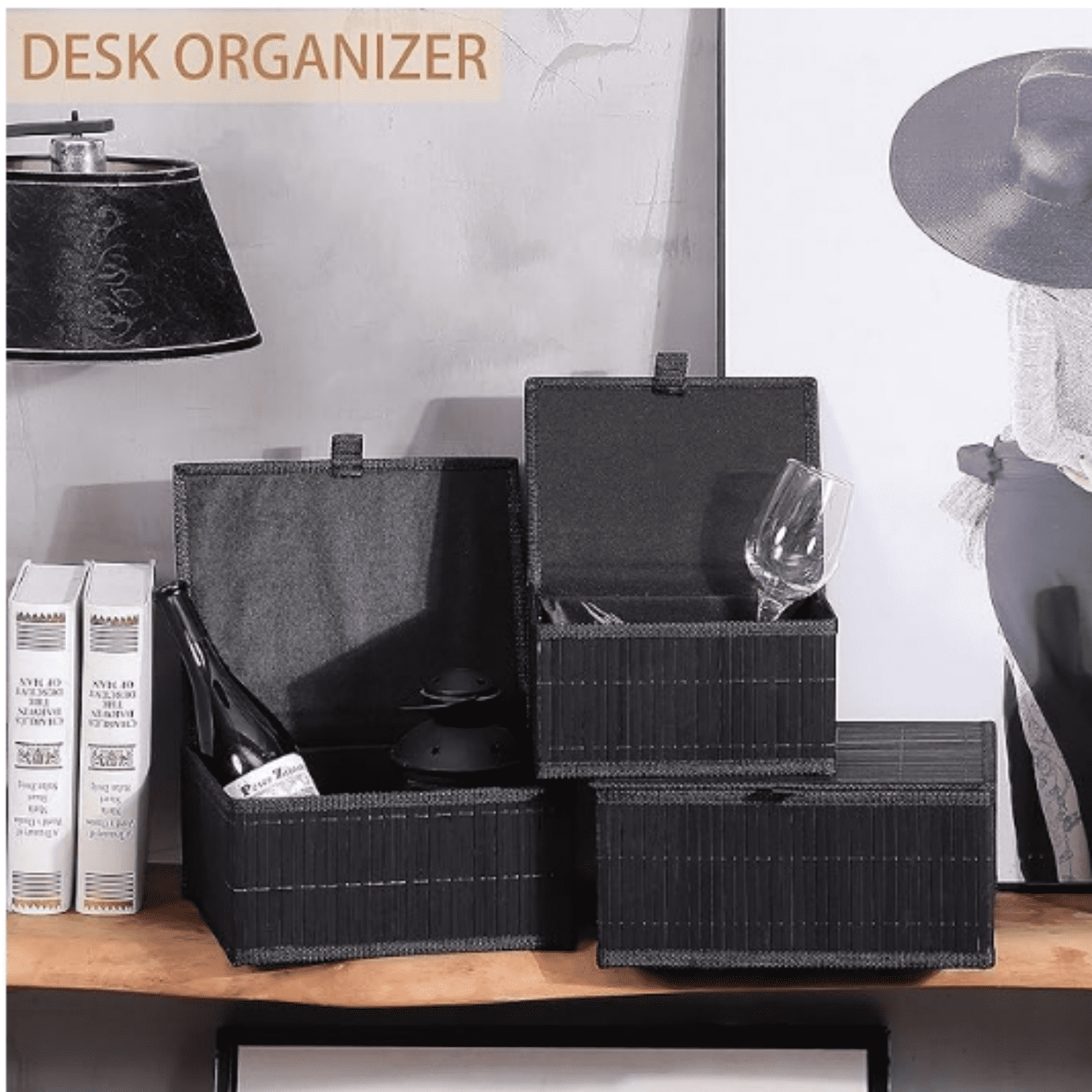 Bamboo D rative Storage Boxes - Set of 3 Woven Lined Storage Basket with Lids, Black Wicker Lidded Baskets for Home Kitchen Shelf Organizer D r
