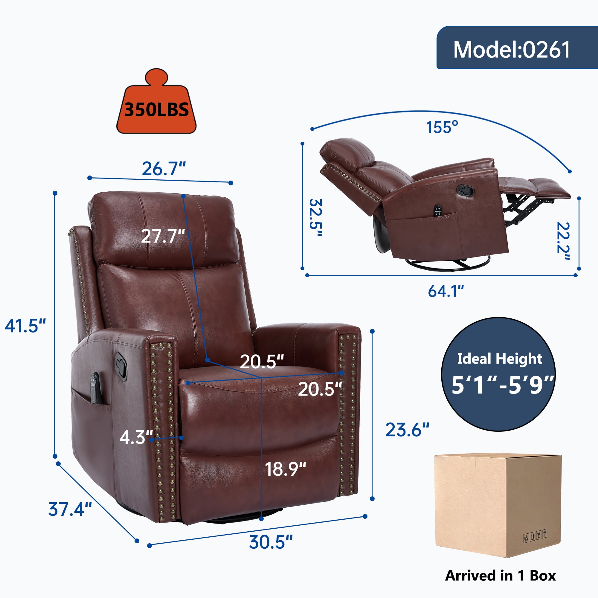 Leumius Swivel Rocker Recliner Chair with Vibration Massage and Lumbar Heating,Rivet Design Lounge Chair with Rocking Function and Side Pocket for Living Room,Deep Red