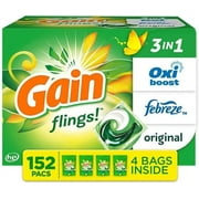 Gain flings! Liquid Laundry Detergent Soap Pacs, HE Compatible, 4 Bag Value Pack, 152 Count, Long Lasting Scent, Original Scent