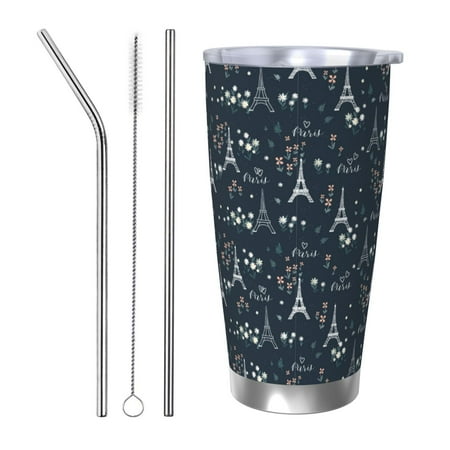 

Ocsxa Romantic Eiffel Tower Pattern 20oz Travel Coffee Mug with Flip Lid Stainless Steel Insulated Insulated Coffee Mug Thermal Cup with Splash Proof Sliding Lid-Straw Three-piece Set