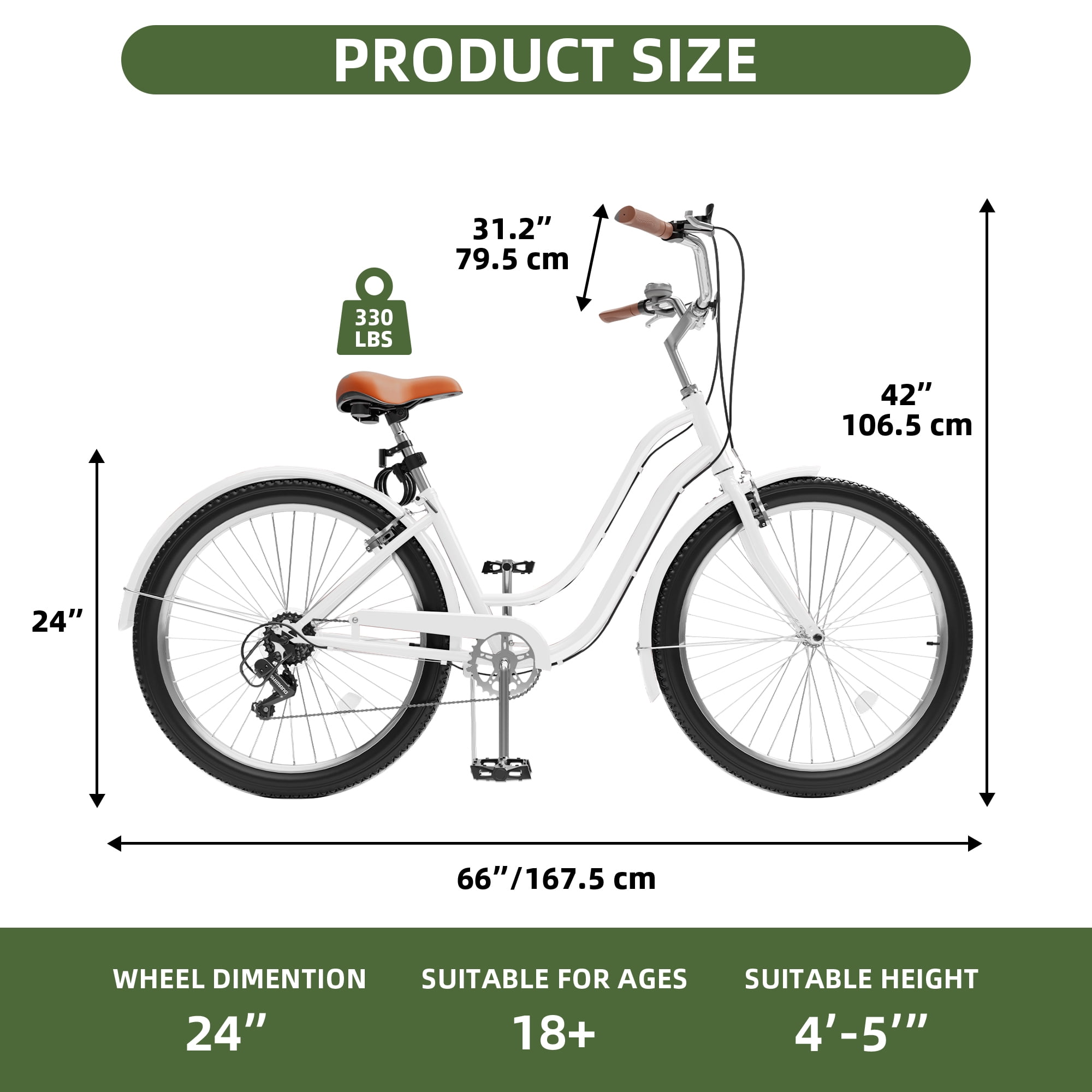 Uforic24'' Beach Cruiser Bike, 7-Speed, Step-Through Bicycle for Men & Women, Steel Frame, White