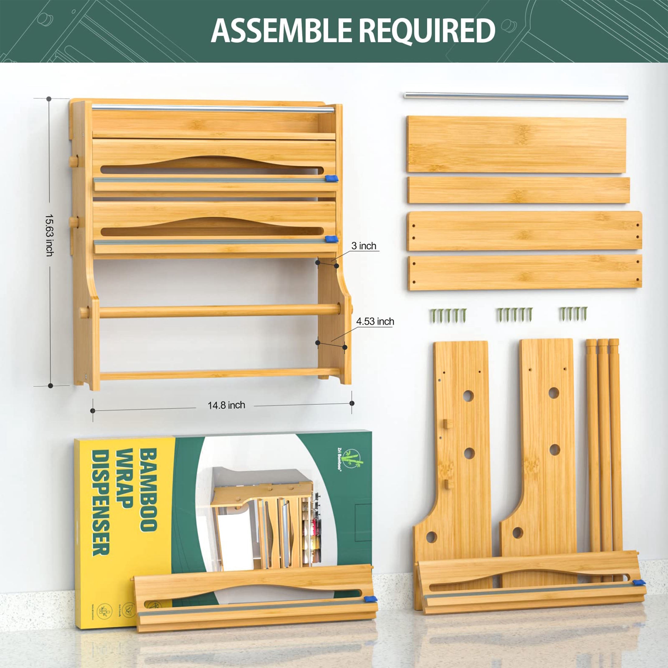 Bambloom Foil Plastic Wrap Organizer Dispenser,Wall Mounted Paper Towel Holder & Spice Shelf, 4 in 1 Bamboo Kitchen 12" Roll Dispenser with Cutter