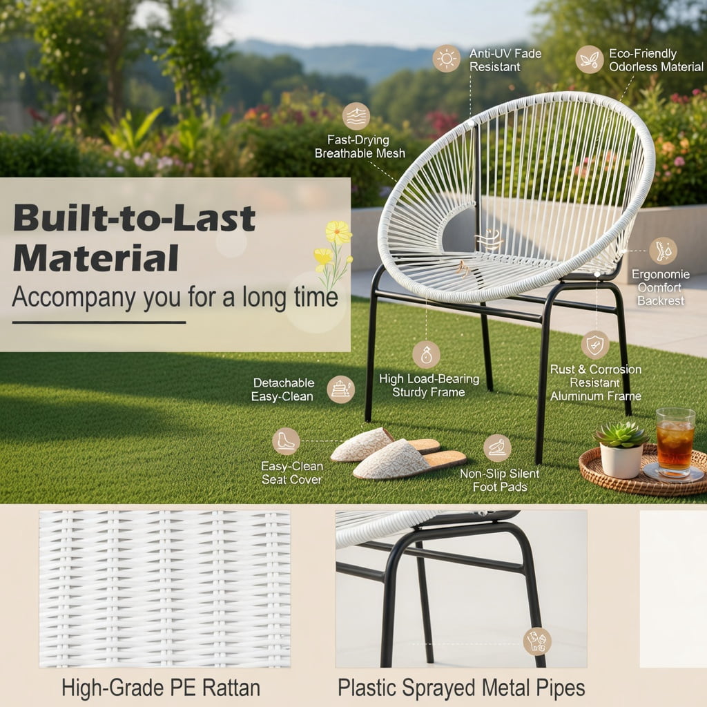Hommoo 3-Piece Outdoor Acapulco Bistro Set, 2 Ergonomic Rope Chairs + Tempered Glass Table, White