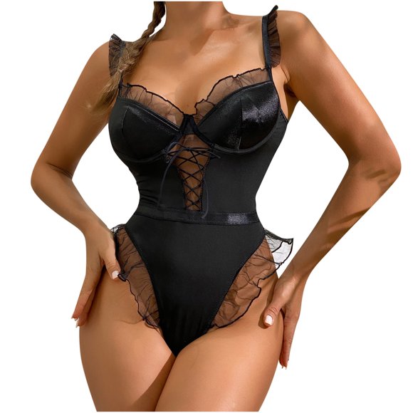 Tnhcen Women's Erotic Lingerie Strappy Hollow Lace Mesh Lace Backless Black Lingerie Jumpsuit Women's Exotic Lingerie Bodystockings Sex Lingerie Outfits for Women