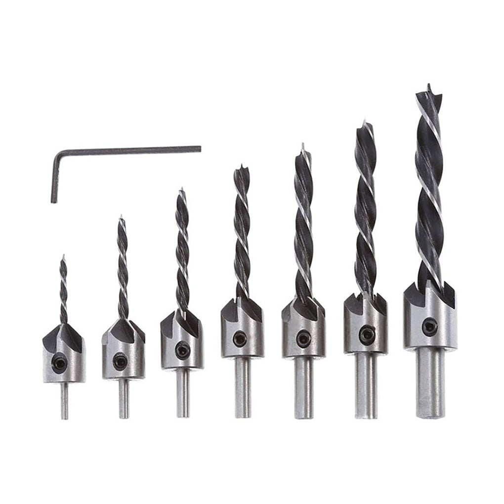 Woodworking Countersink Drill Bits Set 7Pcs Titanium Coated Chamfer Carpentry Reamer Core Drill Bit 3/4/5/6/7/8/10mm with One L-wrench for Wood Drilling 