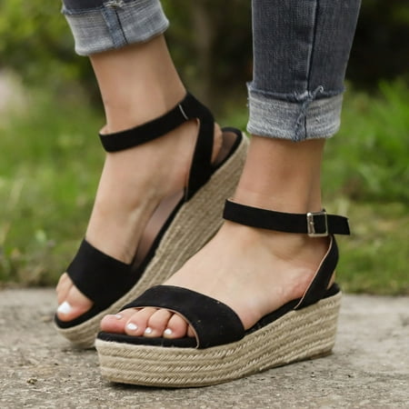 

YTJX Women s Ladies Strap Ankle Buckle Platform Wedges Woven Sandals Roman Shoes