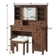 thumbnail image 5 of OKD Farmhouse Makeup Vanity Desk with Sliding Mirror and Lights, 42'' Glass Tabletop Vanity Table with 2 Drawers & Shelves, Rustic Big Vanity Set for Bedroom, Stool Included, Reclaimed Barnwood, 5 of 6