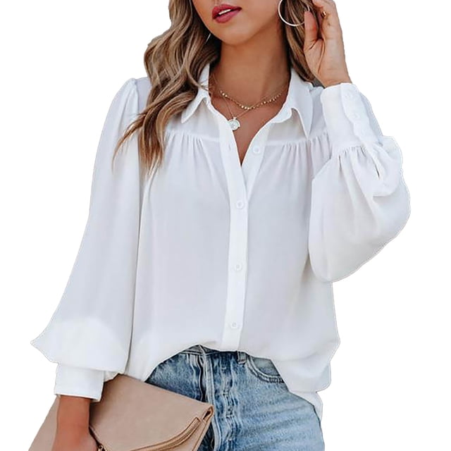 Blusa de color puro con escote en V y mangas farol - Blusa blanca holgada para mujer, talla L