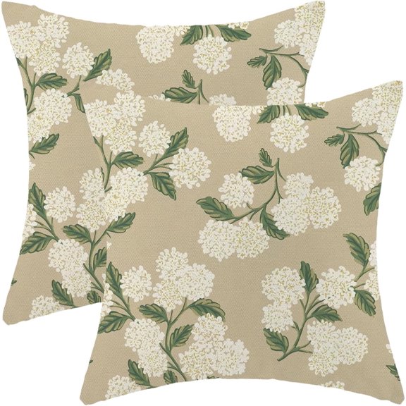 Set of 2 Farmhouse Floral Throw Pillow Covers, 18x18 inch Beige White Flower Leaf Print Cushion Cases, Soft Linen Pillowcases for Couch Sofa Bedroom Living Room Decor