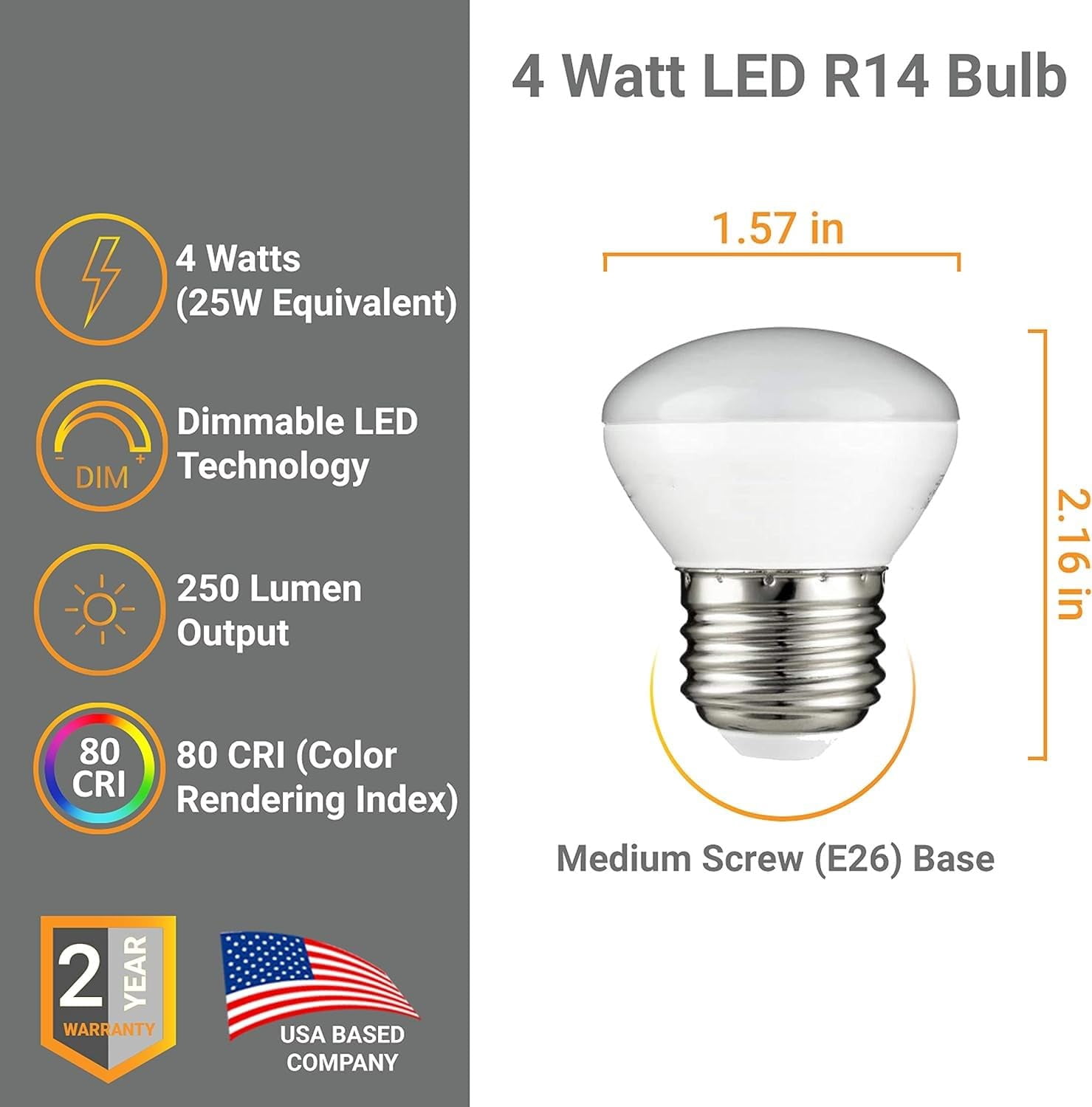 Diodesy- Pack of 3 R14/LED/E26/4W/D/27K R14 LED Mini Reflector Flood Light Bulb, 4W (25-Watts Equivalent), Dimmable, 2700K Warm White, 250 Lumens, Curio Cabinet Light Bulb, E26 Short Light Bulbs, ETL