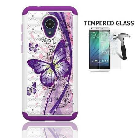 White Studded Iphone Phone Case for Straight Talk Alcatel TCL LX / TracFone Alcatel TCL LX / Alcatel idealXTRA Case / Alcatel 1X Evolve, Studded Diamond Cover Case + Tempered Glass Screen Protector (White-purple butterfly ()