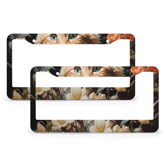 2 Pack Welcome Fall Cat with Flowers License Plate Frame Crazy Cat Lady Cat Gifts Car License Plate Frame Aluminum Metal 2 Round Holes Gift for Dad