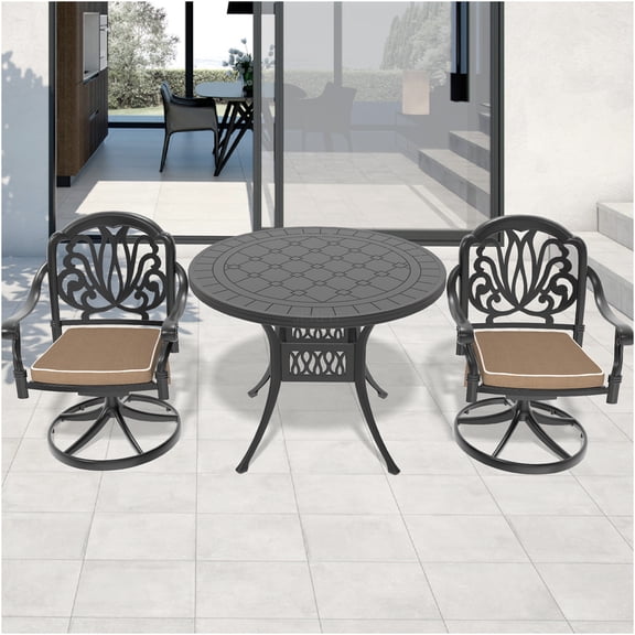 JERFIT 3-Piece Outdoor Dining Set with 2 Swivel Chairs and 39-inch Round Table, All-Weather Cast Aluminum Patio Bistro Set for Garden, Porch, Balcony, Black