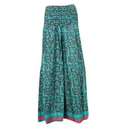 Mogul Women's Maxi Skirt Blue Vintage Silk Sari Smocked Waist Divided Skirts