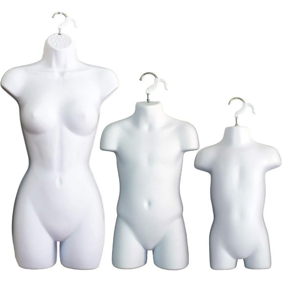 3 White Mannequin Forms - Female Child & Toddler Torso Set & Hanging Hook, S-M Sizes