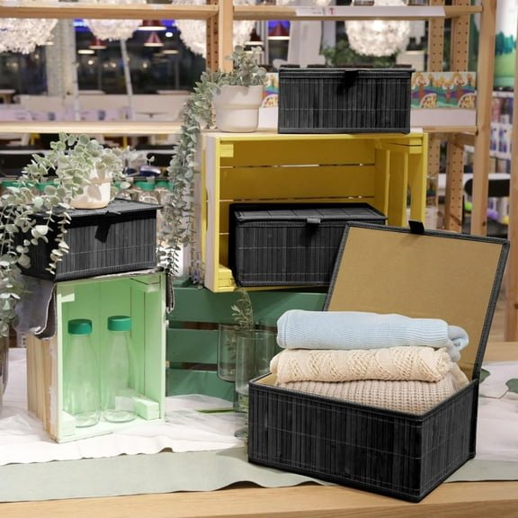 Wicker Basket With Lid Storage Box for Shelf - Rectangle Decorative Organizer with Lids (Set of 4, Black) Dog Toys Storage