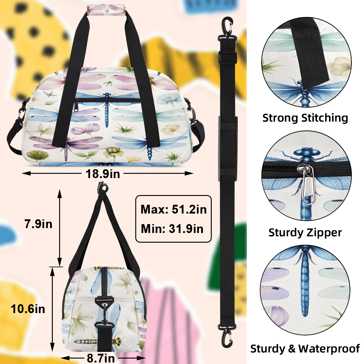 Herdesigns Dragonfly Sports Duffle Bag for Women & Men, Colorful Gym Bag Dance Bag Overnight Bag Carry On Weekender Travel Bag