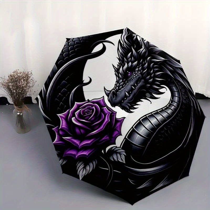 1 automatic opening and closing dragon patterned umbrella -8-bone structure, sturdy and durable, portable travel umbrella (black/purple accents)