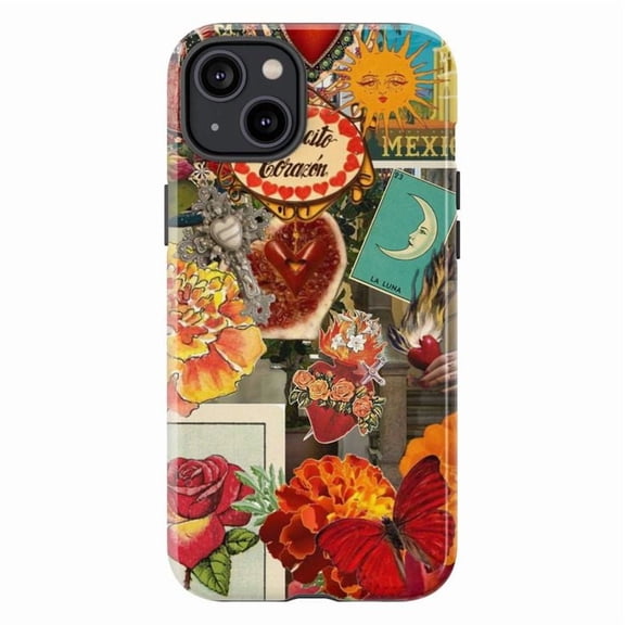 Mexican Collage Phone Case, Sacred Heart and La Luna Art iPhone Cover, Vibrant Cultural Floral Protective Case for iPhone 16 15 14 13 12 11 Plus Pro Max Mini