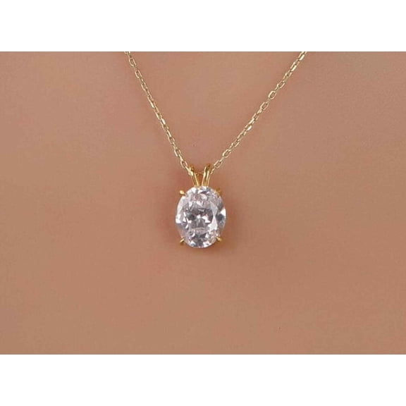 14K Yellow Gold Plated 1Ct Oval Lab Created Diamond Solitaire Pendant Free Chain