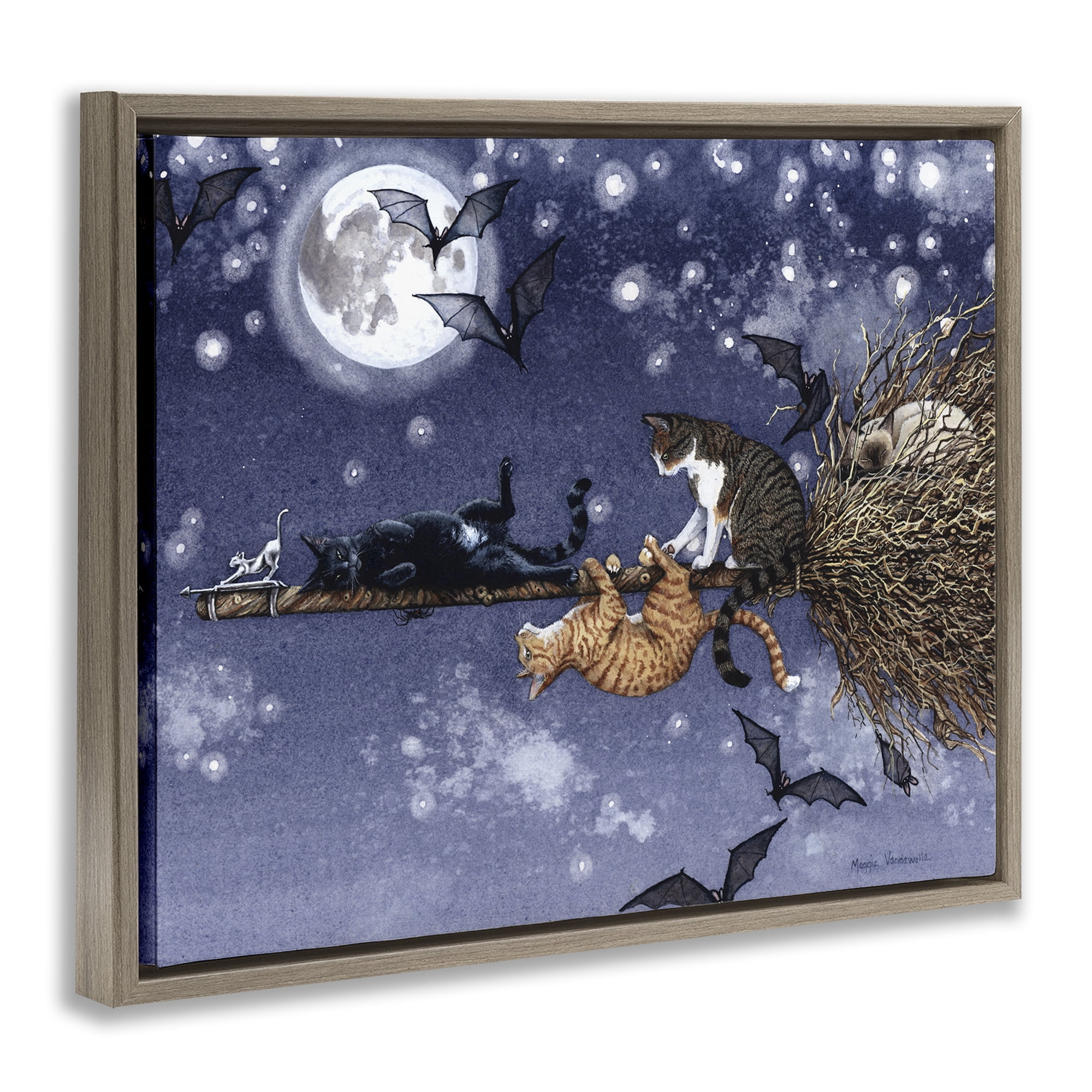 Stupell Industries Joyriding Cats on Broom Holiday Painting Brown Floater Framed Art Print Wall Art, 31 x 25