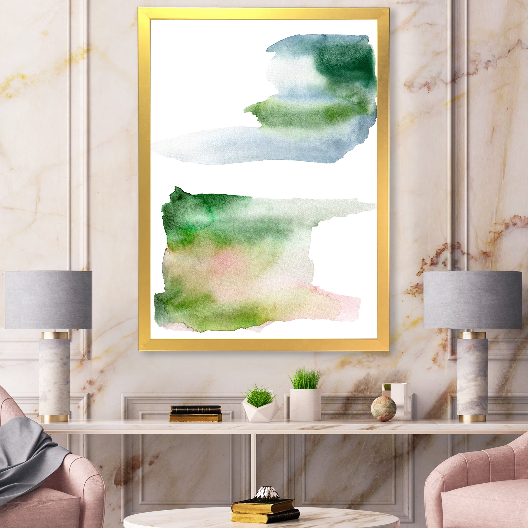 Designart 'Blue Green and Pink Spots Clouds' Modern Framed Art Print