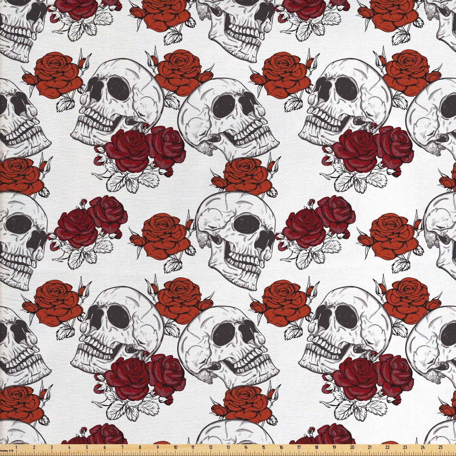 Skull Fabric by The Yard, Retro Gothic Dead Head Skeleton with Roses