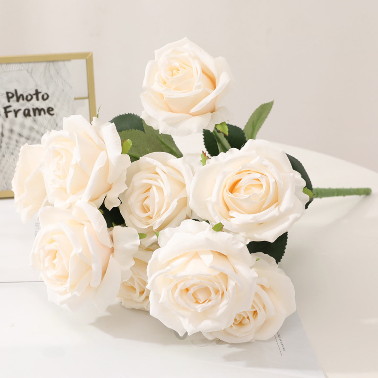 6 Ivory High Quality Silk Roses Flowers Bouquet Wedding Home Party Decor 