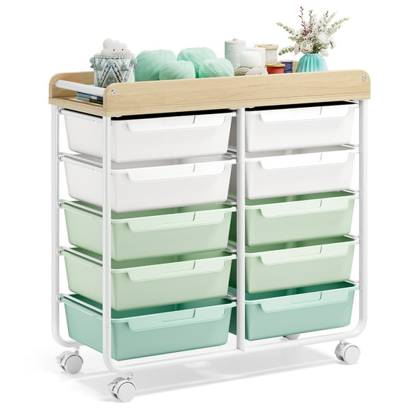 BEHERZT Rolling Storage Cart with 10 Large Drawers, Utility Cart with Wooden TableTop for Craft Organizers, Green