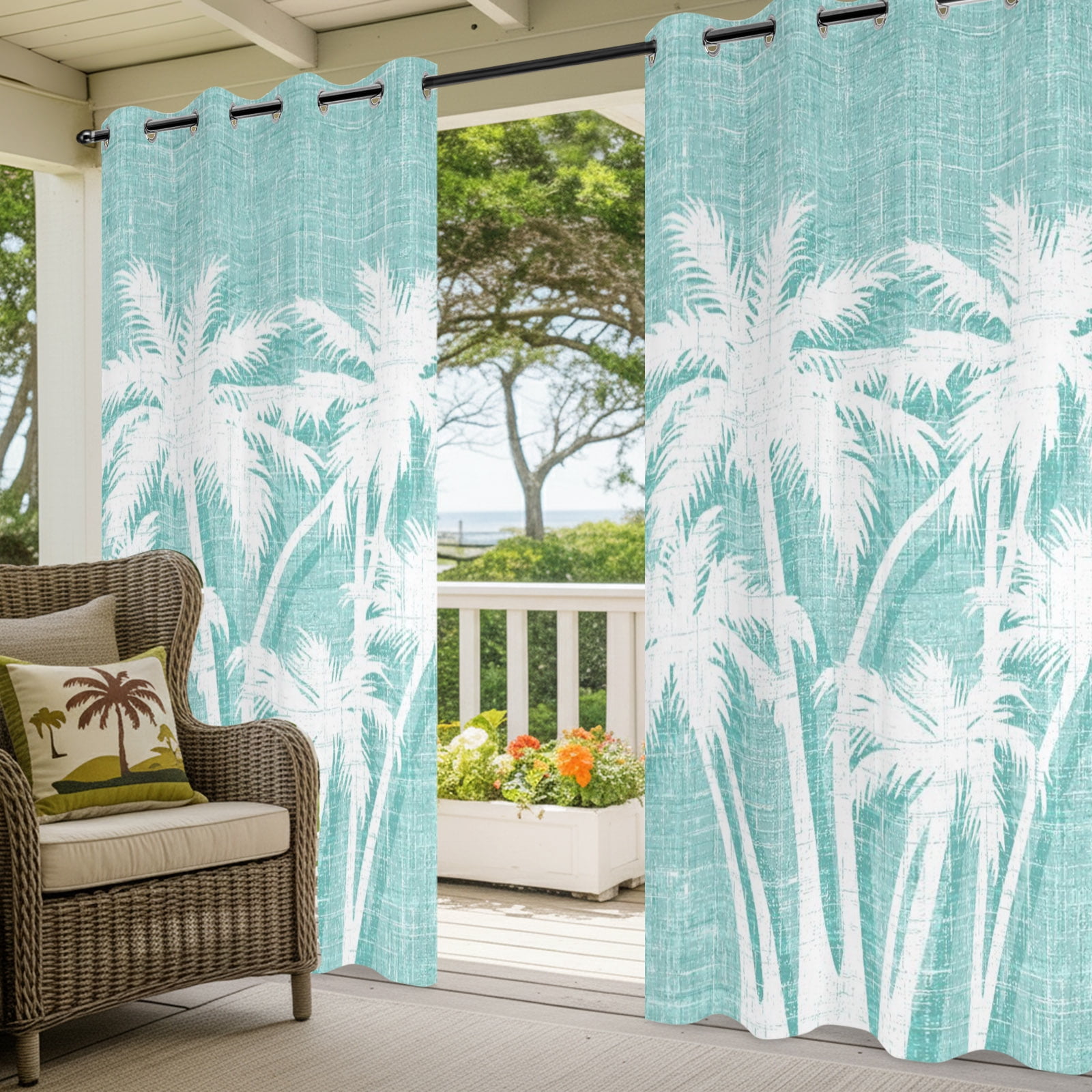 Palm Tree Outdoor Curtains for Patio, Tropical Plant Coastal Summer Mint Green Sunshade Privacy Drapes Grommet Waterproof Outside Curtains for Porch/Cabana/Balcony 54"x 108", 1 Panel