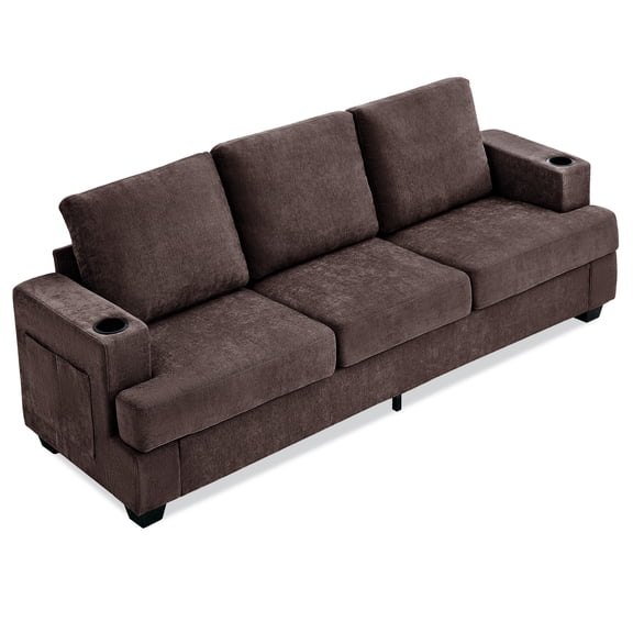 Modern Deep Seat 3-Seater Chenille Sofa – 89" Living Room Couch with Cup Holders, Side Storage Pockets, Comfortable and Stylish – Brown