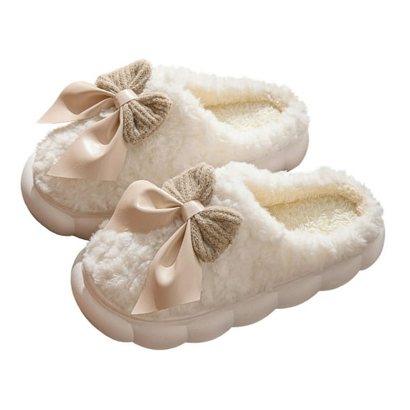 Plush Cute Bow Slippers for Women – Furry Comfy Indoor Outdoor Non-Slip House Slippers