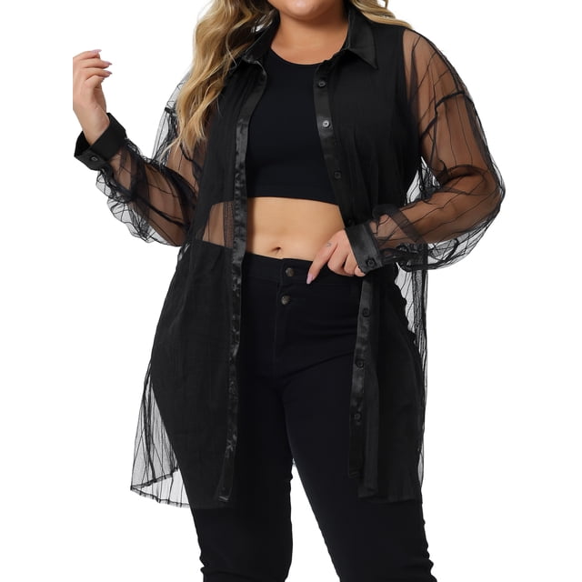 Camisa de mujer de tallas grandes Agnes Orinda, con mangas largas de malla transparente, botones, blusas 1X, negra