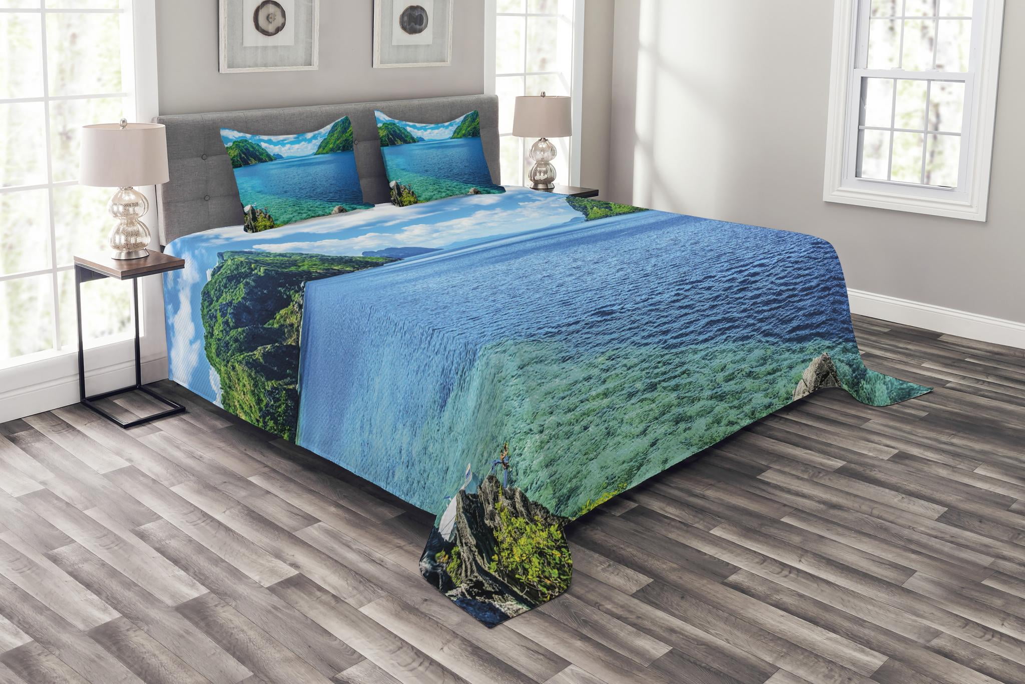 Nature Bedspread Set King Size, Scenic View Sea Bay and Mountain