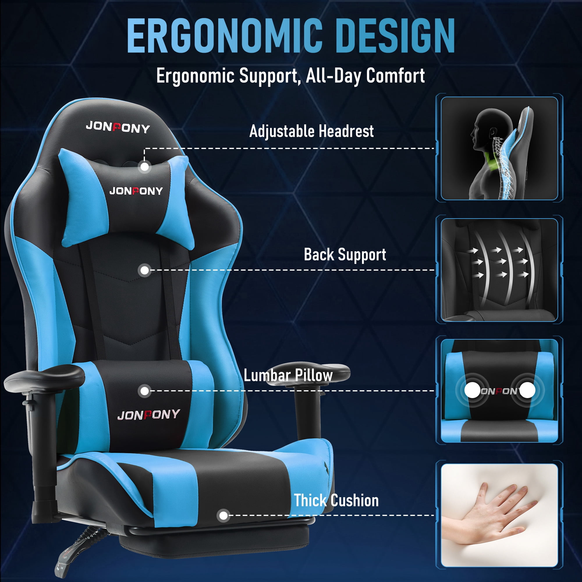JONPONY Big and Tall 500LBS Gaming Chair with Footrest and Lumbar Support, High Back Ergonomic Recliner,Height Adjustable Leather Computer Desk Chair for Home Office, BLue