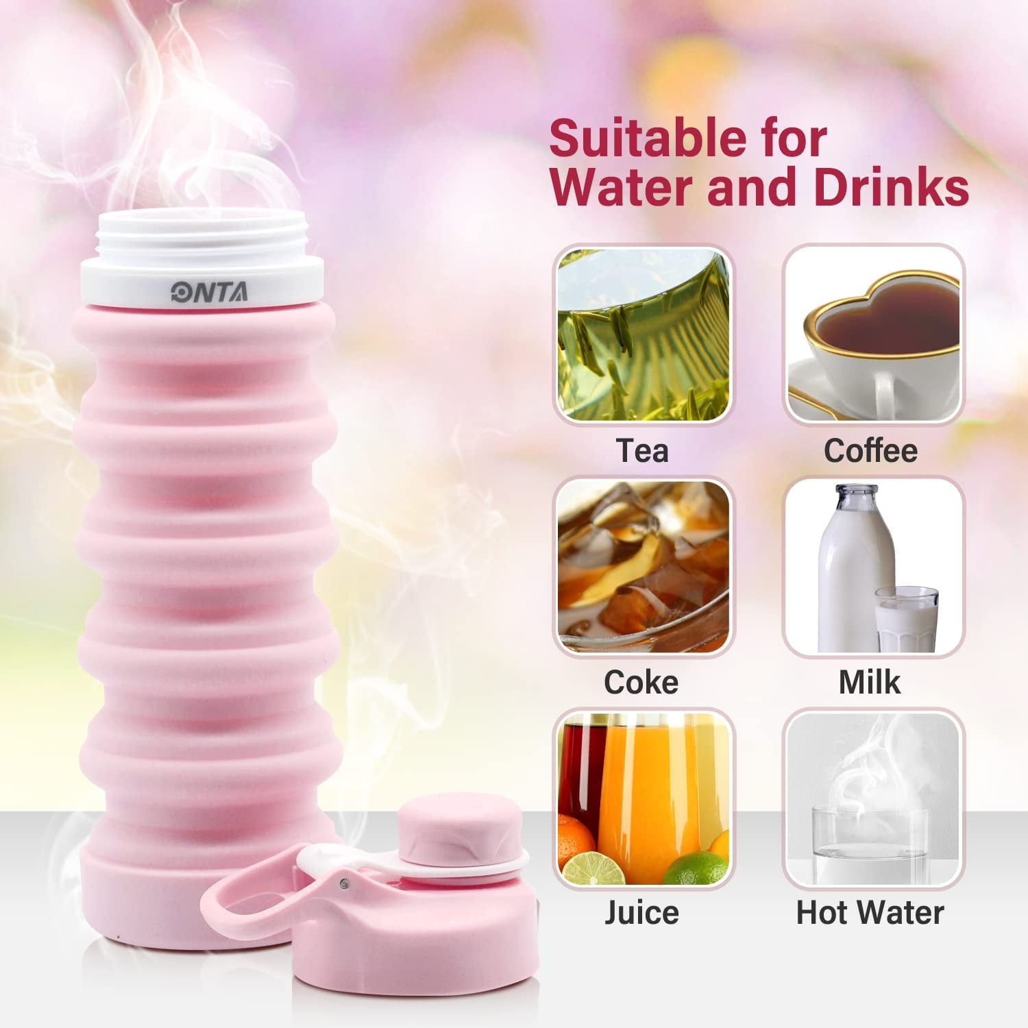ONTA Collapsible Water Bottle- BPA Free Silicone Foldable Water Bottle for Travel,Silicone Portable Leak-Proof Travel Water Bottle 20oz, pink