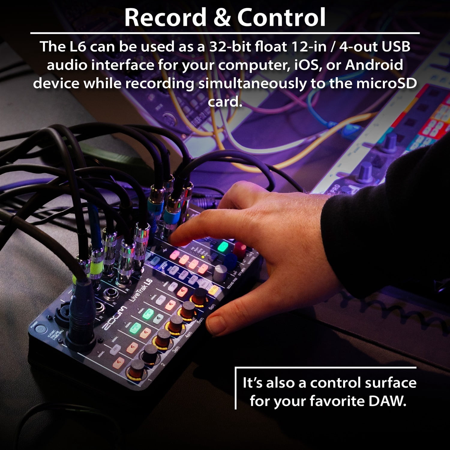 Zoom LiveTrak L6 6-Channel Digital Mixer and Multitrack Recorder Bundle with 2× 10ft XLR Cables, 32GB microSDHC Card, USB Cable, AA Batteries, Limited 1-Year Manufacturer Warranty