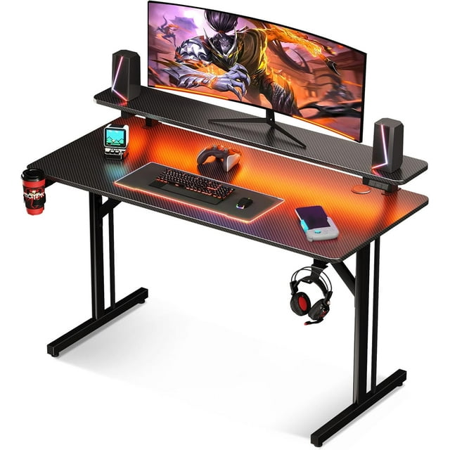 Inch Small Gaming Desk with LED Lights & Power Outlets Computer Desk Gaming Table with Monitor Shelf Gamer Desk with Carbon Fiber Texture Boys Desk for Men