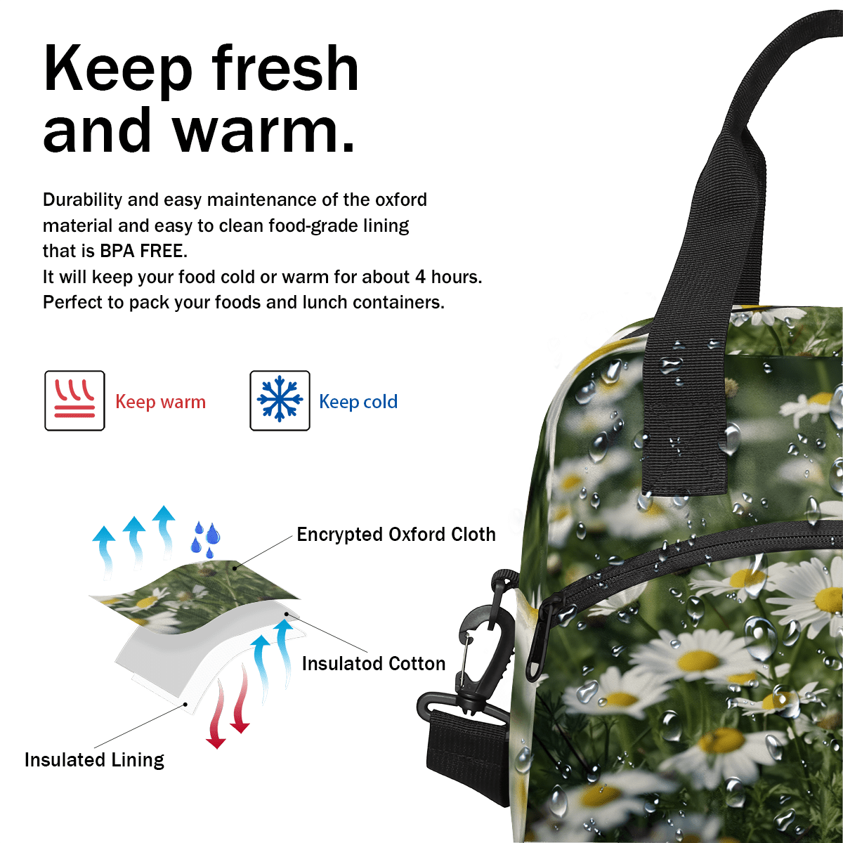 Herdesigns Daisy Insulated Lunch Bag for Women Men Adults Large Reusable Lunch Box Floral Leakproof Cooler Tote Bags with Adjustable Shoulder Strap
