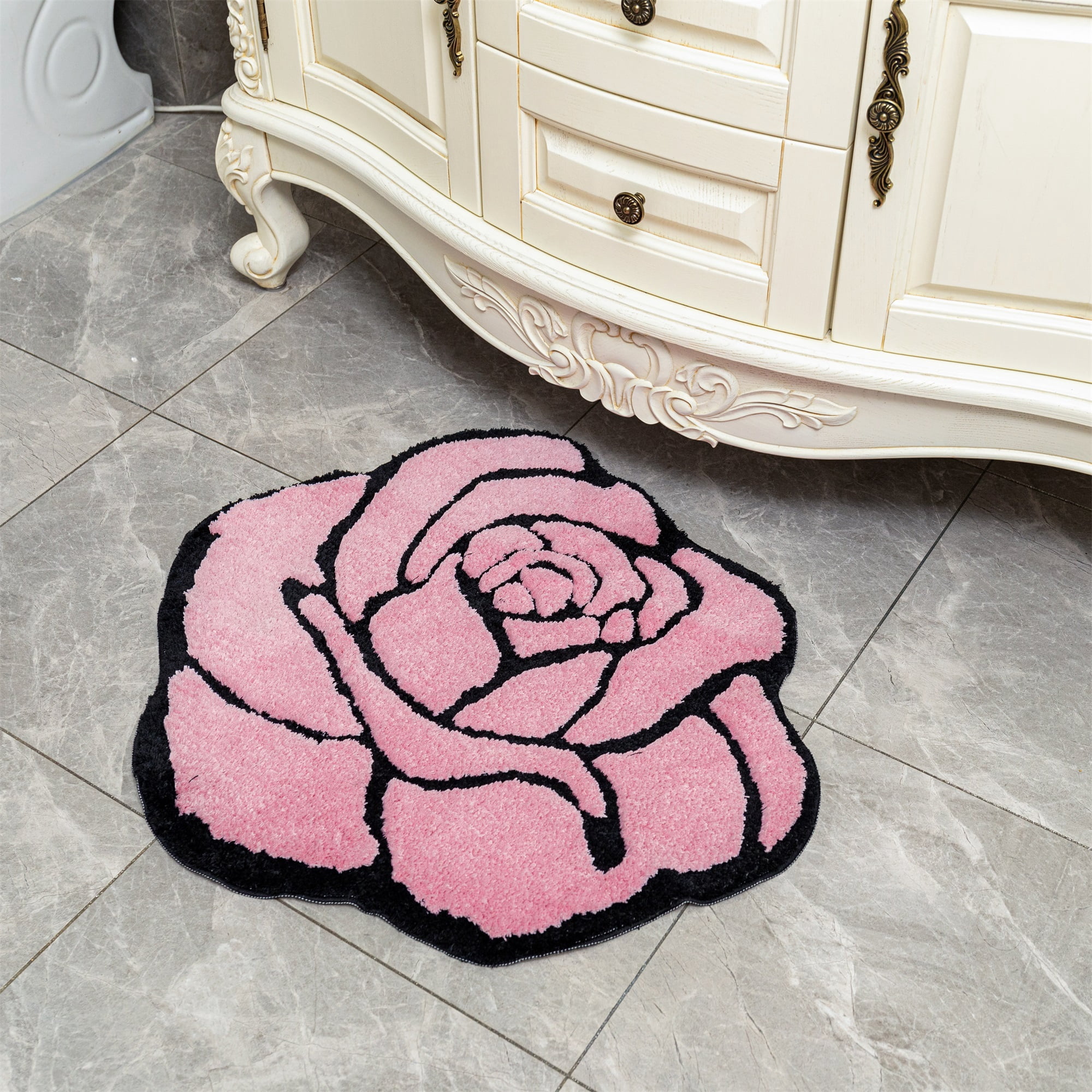 Pink Rose Bath Mat for Bathroom Non Slip Flower Shaped Absorbent Bath Rug Fluffy Shower Rugs Washable Decor Floral Small Rug Doormats 23.6x25.5in
