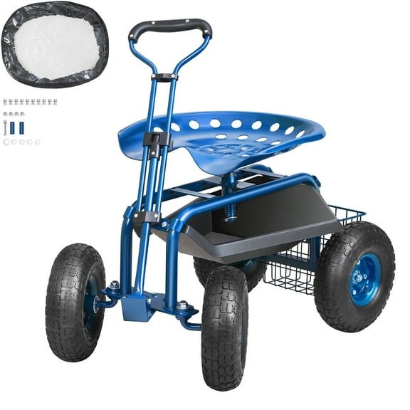 KFFKFF Outdoor Cart with Rotating Seat, Planting Stool on Wheels, Garden Trolley with Directional Handle and Handy Tool Tray, Ideal for Lawn, Patio, and Outside Areas, Blue