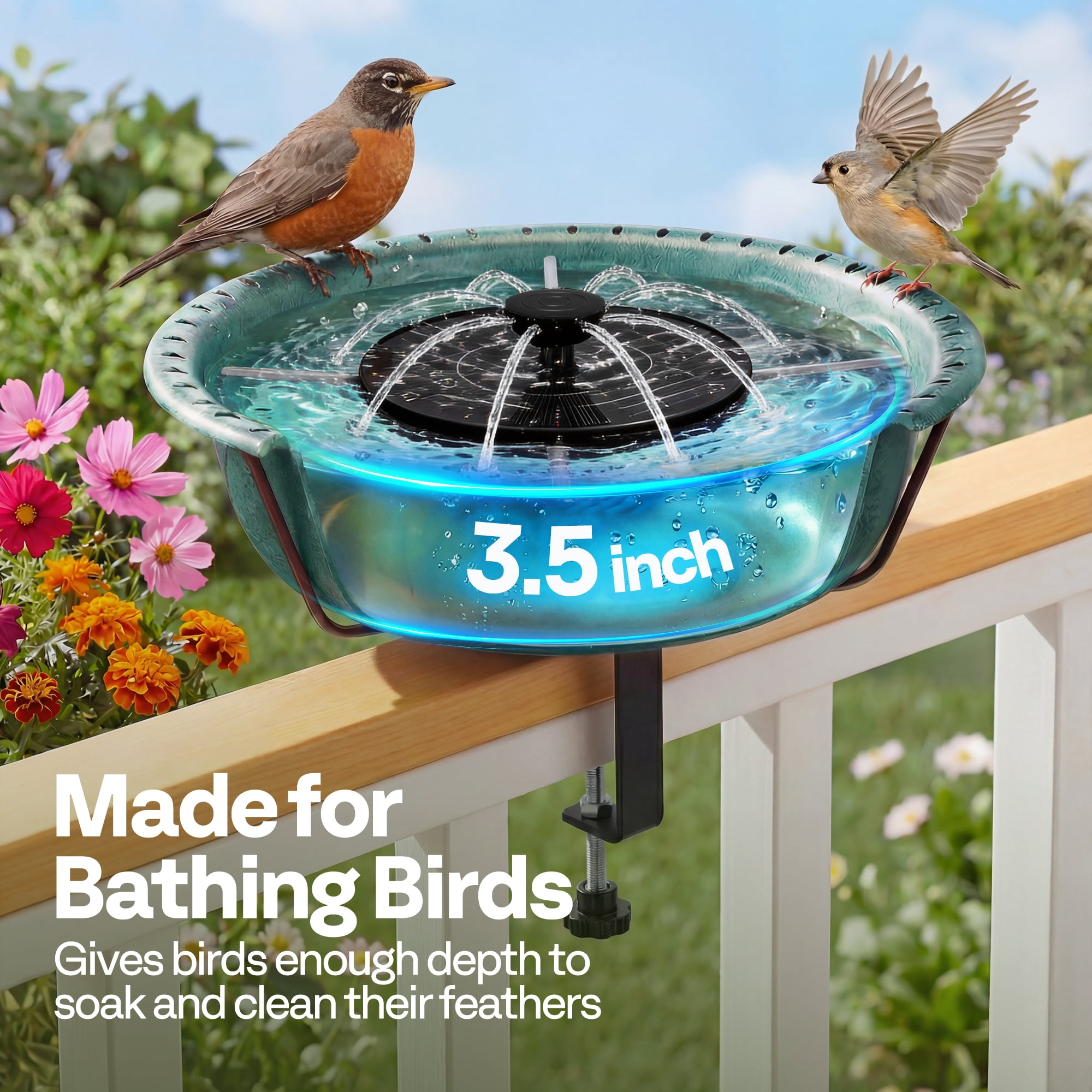 SPECSTAR Deck Mounted Bird Bath with Solar Fountain, Outdoor ABS Birdbath Bowl with Adjustable Metal Clamp, Solar Powered Pump for Railing, Fence, Balcony, 1.45 Gallons, Green